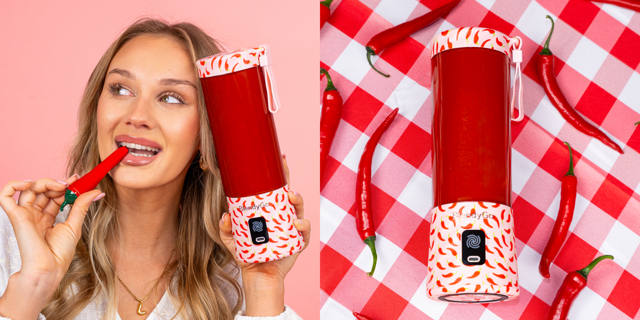 Kobieta z czerwonym blenderem BlendyGo na tle prezentów